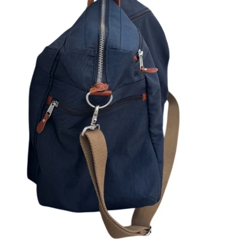 J Crew Duffle Bag Harwick Overnight Bag Weekend Travel Leather Fabric Navy Brown